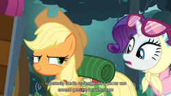 Size: 640x360 | Tagged: safe, screencap, applejack, rarity, g4, meme, youtube caption