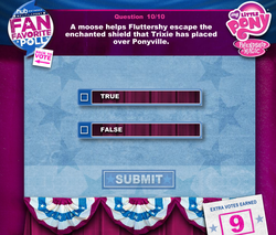 Size: 1051x894 | Tagged: safe, fluttershy, moose, g4, magic duel, fan favorite poll, hubworld, quiz, text, true or false