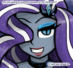 Size: 700x650 | Tagged: safe, artist:livesmutanon, nightmare rarity, human, equestria girls, /mlp/, bedroom eyes, choker, close-up, eyeshadow, female, grin, humanized, lipstick, looking at you, makeup, smiling, solo