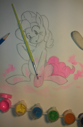 Size: 720x1100 | Tagged: safe, artist:janji009, pinkie pie, g4, female, fourth wall, paint, paintbrush, partial color, photo, solo, traditional art