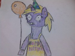 Size: 2592x1944 | Tagged: safe, dinky hooves, .mov, g4, balloon, birthday, female, happy birthday, hat, party hat, solo, traditional art