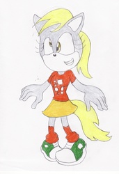 Size: 2088x3056 | Tagged: safe, artist:bluespeedsfan92, derpy hooves, anthro, plantigrade anthro, g4, female, solo, sonic the hedgehog (series), sonicified, style emulation, traditional art
