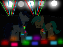 Size: 1600x1200 | Tagged: safe, artist:longct18, soarin', sunshower raindrops, g4, dancing, nightclub, rave