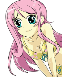 Size: 815x1015 | Tagged: safe, artist:jollyrogers5, fluttershy, human, g4, belly button, bikini, clothes, derp, female, humanized, solo, swimsuit, wall eyed