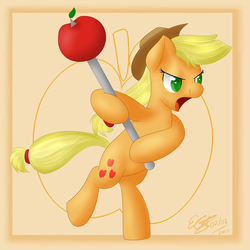 Size: 894x894 | Tagged: safe, artist:icy wings, applejack, earth pony, pony, g4, bipedal, blunt honesty, female, hammer, hat, solo