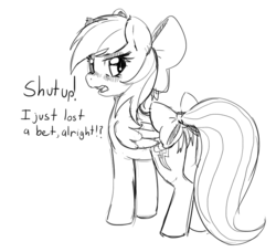 Size: 750x684 | Tagged: safe, artist:mewball, rainbow dash, g4, blushing, bow, cute, dashabetes, embarrassed, female, looking back, monochrome, open mouth, rainbow dash always dresses in style, solo, tail bow, tsundere