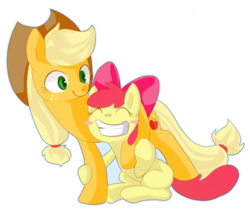 Size: 1009x871 | Tagged: safe, artist:sion, apple bloom, applejack, earth pony, pony, g4, female, filly, hug, mare