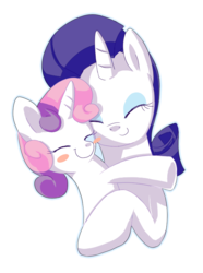 Size: 586x787 | Tagged: safe, artist:sion, rarity, sweetie belle, g4, hug