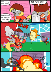 Size: 697x967 | Tagged: safe, artist:metal-kitty, big macintosh, derpy hooves, earth pony, pegasus, pony, g4, bipedal, comic, death, derpy soldier, explosion, female, gun, heavy (tf2), heavy mac, male, mare, meet the soldier, rocket launcher, soldier, soldier (tf2), stallion, team fortress 2, weapon