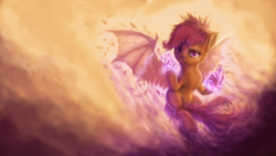 Size: 1920x1080 | Tagged: safe, artist:assasinmonkey, scootaloo, pony, g4, badass, dragon wings, flying, scootaloo can fly, transformation