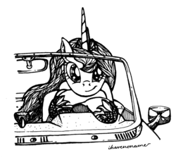 Size: 1500x1364 | Tagged: safe, artist:selenophile, princess luna, g4, car, female, monochrome, solo