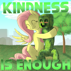 Size: 3000x3000 | Tagged: safe, artist:crispokefan, fluttershy, g4, creeper, crossover, hug, minecraft