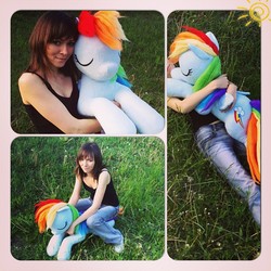 Size: 612x612 | Tagged: safe, artist:ryoko-demon, rainbow dash, human, pegasus, pony, g4, clothes, customized toy, eyes closed, folded wings, grass, hug, hugging a pony, irl, irl human, lying down, multiple views, outdoors, photo, plushie, prone, tank top, wings
