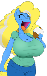 Size: 1179x1920 | Tagged: safe, artist:angelthecatgirl, oc, oc only, oc:pixie, earth pony, anthro, anthro oc, big breasts, breasts, cleavage, cupcake, eyes closed, female, huge breasts, solo, uvula