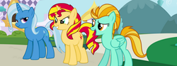 Size: 851x315 | Tagged: safe, lightning dust, sunset shimmer, trixie, pony, unicorn, g4