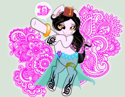 Size: 900x700 | Tagged: safe, artist:demon8eye, oc, oc only, oc:shadow moon, pony, belly dancer, bipedal, black sclera, fez, hat, solo, tattoo
