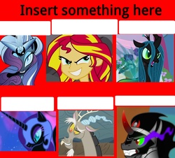 Size: 3969x3594 | Tagged: safe, idw, discord, king sombra, nightmare moon, nightmare rarity, queen chrysalis, sunset shimmer, equestria girls, g4, 6 pony meme, antagonist, exploitable meme, meme, template, text