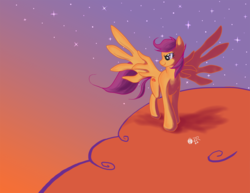 Size: 1650x1275 | Tagged: safe, artist:sagebrushpony, scootaloo, g4, female, older, scootaloo can fly, solo, spread wings, sunset