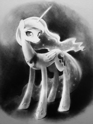 Size: 900x1200 | Tagged: safe, artist:murphylaw4me, princess luna, g4, female, grayscale, looking at you, monochrome, smiling, solo, traditional art