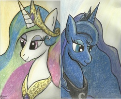 Size: 1270x1037 | Tagged: safe, artist:katrina-mae, princess celestia, princess luna, g4, smiling, traditional art