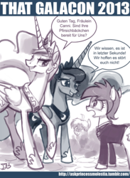 Size: 600x818 | Tagged: safe, artist:johnjoseco, derpy hooves, princess celestia, princess luna, oc, oc:canni soda, alicorn, pony, ask princess molestia, galacon, princess molestia, g4, comic, german, translated in the description