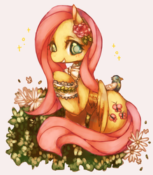 Size: 700x800 | Tagged: safe, artist:tanlin, artist:碳鱗*:･ﾟ✧, fluttershy, bird, g4, female, flower, flower in hair, lace, pixiv, solo