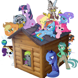 Size: 640x640 | Tagged: safe, applejack, derpy hooves, discord, fluttershy, lyra heartstrings, pinkie pie, princess celestia, princess luna, rainbow dash, rarity, spike, trixie, twilight sparkle, zecora, parasprite, pegasus, pony, unicorn, zebra, g4, female, floppy ears, kennel, mare, unicorn twilight