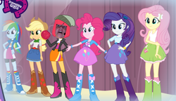 Size: 750x432 | Tagged: safe, applejack, fluttershy, pinkie pie, rainbow dash, rarity, sunset shimmer, equestria girls, g4, official, become an equestria girl