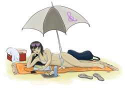 Size: 1418x1000 | Tagged: safe, artist:king-kakapo, octavia melody, human, g4, barefoot, beach blanket, beach umbrella, bikini, book, clothes, cooler, duffle bag, earbuds, feet, female, flip-flops, humanized, music player, reading, sandals, simple background, solo, sunglasses, swimsuit, transparent background