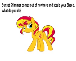 Size: 5000x4000 | Tagged: safe, sunset shimmer, pony, sheep, unicorn, g4, bronybait, female, meme, solo, text, what do