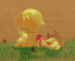 Size: 1255x1024 | Tagged: safe, artist:getchanoodlewet, applejack, g4, eyes closed, female, grass, prone, solo, traditional art