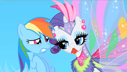 Size: 766x434 | Tagged: safe, screencap, rainbow dash, rarity, g4, sonic rainboom (episode), scared