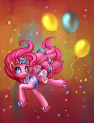 Size: 1529x2000 | Tagged: dead source, safe, artist:nyarmarr, pinkie pie, earth pony, pony, g4, action pose, balloon, clothes, confetti, dress, female, gala dress, solo