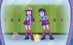Size: 865x529 | Tagged: safe, artist:curtsibling, spike, twilight sparkle, dog, equestria girls, g4, become an equestria girl, spike the dog