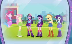 Size: 871x532 | Tagged: safe, artist:curtsibling, applejack, fluttershy, pinkie pie, rarity, twilight sparkle, equestria girls, g4, balloon, become an equestria girl, big crown thingy, boots, bracelet, clothes, cowboy boots, creepy, crown, high heel boots, jewelry, mane six, regalia, skirt