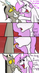 Size: 575x1075 | Tagged: safe, artist:riquis101, discord, princess celestia, g4, drool, floppy ears, frown, gritted teeth, hoof hold, licking, open mouth, parody, smiling, spongebob squarepants, the smoking peanut, tongue out, wide eyes
