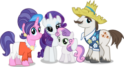Size: 4154x2249 | Tagged: safe, artist:vector-brony, cookie crumbles, hondo flanks, rarity, sweetie belle, g4, clothes, earring, embrace, family, looking at you, rarity's parents, ship:cookieflanks, simple background, transparent background, vector