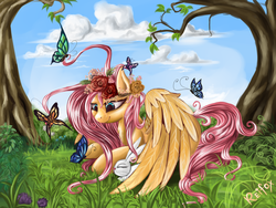 Size: 1600x1200 | Tagged: safe, artist:daffydream, angel bunny, fluttershy, butterfly, g4, cloud, cloudy, female, floral head wreath, flower, nature, scenery, solo, tree