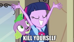 Size: 960x540 | Tagged: safe, edit, edited screencap, screencap, spike, twilight sparkle, equestria girls, g4, caption, dissonant caption, female, image macro, kill yourself, male, text