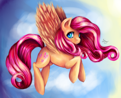 Size: 1373x1114 | Tagged: safe, artist:lizzyrascal, fluttershy, pegasus, pony, g4, female, looking at you, mare, signature, solo, spread wings, wings