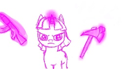 Size: 640x360 | Tagged: safe, twilight sparkle, pony, unicorn, g4, angry, axe, female, frown, glowing horn, gun, horn, looking at you, magic, simple background, telekinesis, weapon, white background