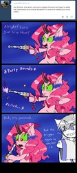 Size: 850x1900 | Tagged: safe, artist:ichibangravity, king sombra, pinkie pie, oc, ask king sombra pie, g4, gun, makel blanco, possessed, possession, tumblr