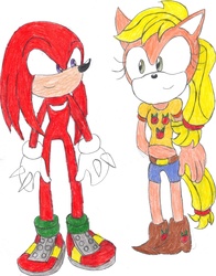 Size: 2475x3149 | Tagged: safe, artist:bluespeedsfan92, applejack, earth pony, anthro, plantigrade anthro, g4, appleknux, crossover, crossover shipping, female, interspecies, knuckles the echidna, love, male, shipping, sonic the hedgehog (series), sonicified, straight, style emulation, traditional art