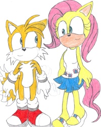 Size: 2424x3040 | Tagged: safe, artist:bluespeedsfan92, fluttershy, anthro, plantigrade anthro, g4, crossover, crossover shipping, female, fluttertails, interspecies, love, male, miles "tails" prower, shipping, sonic the hedgehog (series), sonicified, straight, style emulation, traditional art