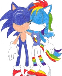 Size: 2370x2930 | Tagged: safe, artist:bluespeedsfan92, rainbow dash, anthro, plantigrade anthro, g4, crossover, crossover shipping, female, interspecies, kissing, love, male, shipping, sonic the hedgehog, sonic the hedgehog (series), sonicdash, sonicified, straight, style emulation, traditional art