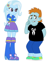 Size: 695x877 | Tagged: safe, artist:disfiguredstick, snips, trixie, human, equestria girls, g4, blushing, crossed arms, female, looking back, male, ship:trips, shipping, simple background, smiling, sniptrix, straight, white background