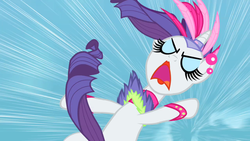 Size: 640x360 | Tagged: safe, screencap, rarity, pony, unicorn, g4, sonic rainboom (episode), curly tail, eyelashes, eyes closed, eyeshadow, falling, female, flying, lipstick, makeup, rarity being rarity, red lipstick, solo, tail
