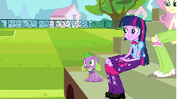 Size: 576x324 | Tagged: safe, screencap, fluttershy, rainbow dash, spike, twilight sparkle, dog, equestria girls, g4, my little pony equestria girls, animated, backpack, bleachers, boots, bracelet, clothes, football, high heel boots, jewelry, skirt, soccer field, socks, spike the dog