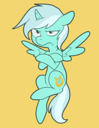 Size: 1487x1925 | Tagged: safe, artist:pixel-prism, lyra heartstrings, alicorn, pony, g4, alicornified, everyone is an alicorn, female, frown, lyra is not amused, lyracorn, race swap, raised eyebrow, simple background, solo, unamused, yellow background