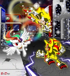 Size: 835x898 | Tagged: safe, artist:brodogz, rainbow dash, hedgehog, pegasus, pony, g4, a new dawn, city, commission, crossover, fanfic art, fight, male, shadow the hedgehog, sonic the comic, sonic the hedgehog, sonic the hedgehog (series), super rainbow dash, super shadow, super sonic